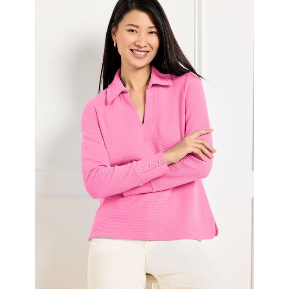 Talbots Ribbed Johnny Collar Long Sleeve Sweatshirt Poppy Pink 3X 769